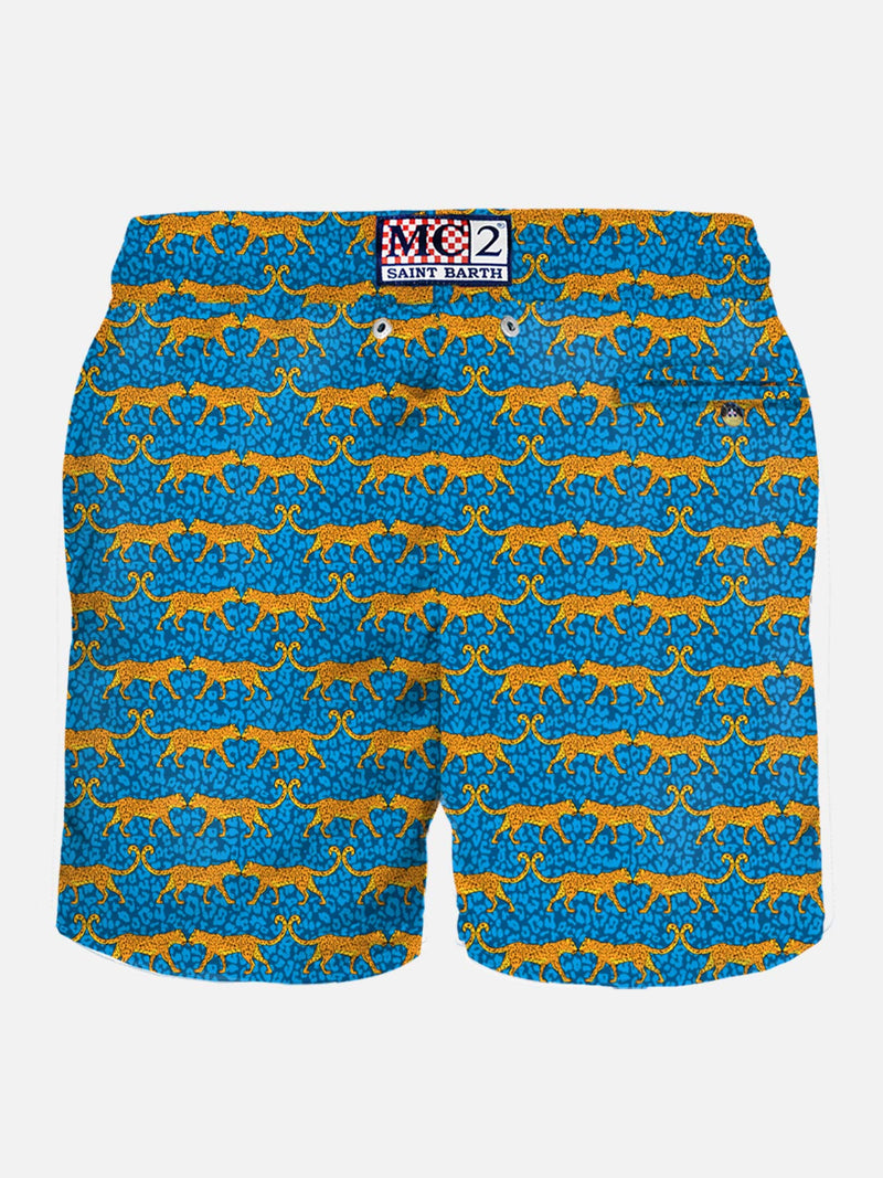 Man light fabric swim shorts with wild cat print