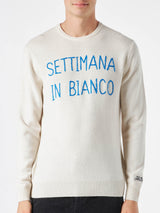 Man white sweater with Settimana in bianco embroidery