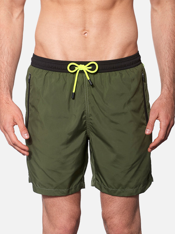 Costume da bagno da uomo con zip in tessuto leggero verde militare