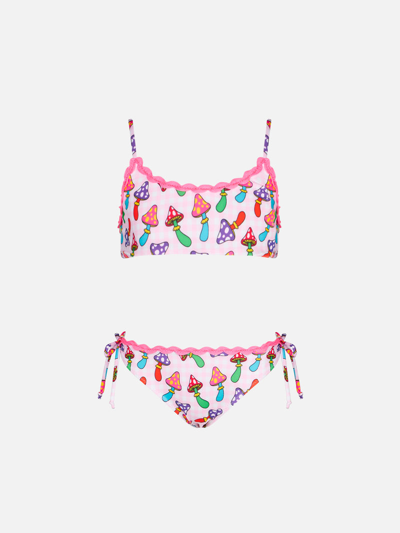 Bikini da bambina a bralette con stampa funghi