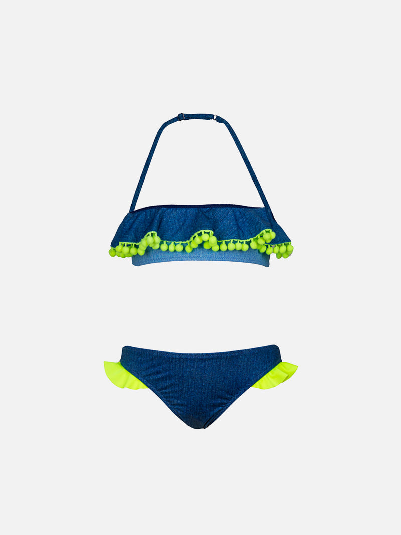 Mädchenbikini mit fluoreszierenden Pompons in Gelb