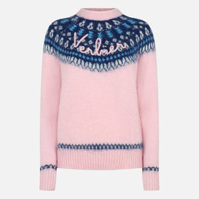 Rosafarbener Damen-Rundhalspullover aus nordischem Jacquard