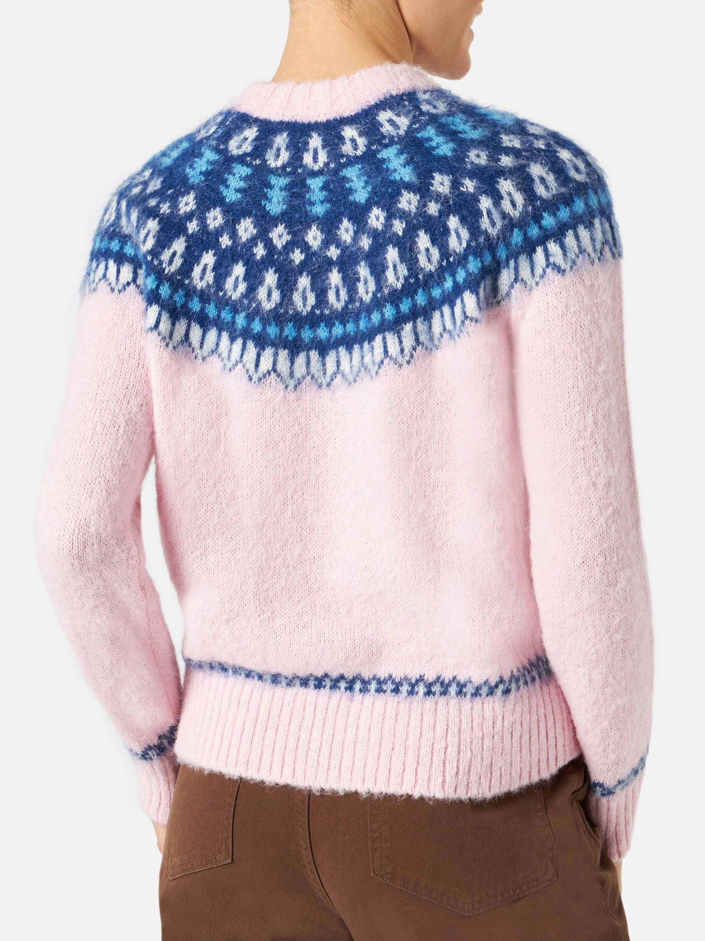 Rosafarbener Damen-Rundhalspullover aus nordischem Jacquard