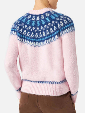 Rosafarbener Damen-Rundhalspullover aus nordischem Jacquard