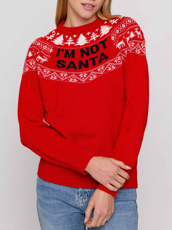 Roter Damenpullover mit Rundhalsausschnitt und „I'm not Santa“-Aufdruck