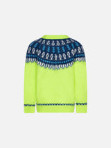 Fluogelber Jungenpullover mit isländischem Jacquard