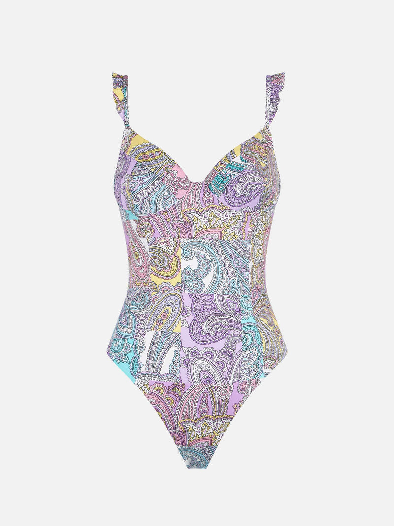 Paisley ruffled one-piece swimsuit