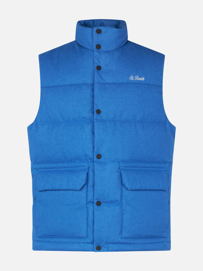 Gilet da uomo imbottito in piuma di lana bluette con tasche