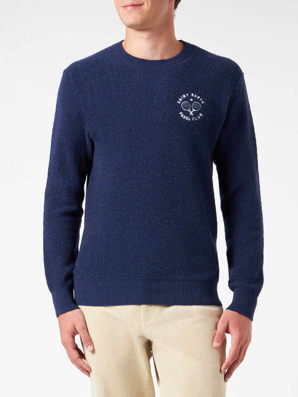 Bluette-Bouclé-Pullover für Herren mit Rundhalsausschnitt und Saint Barth Padel Club-Stickerei