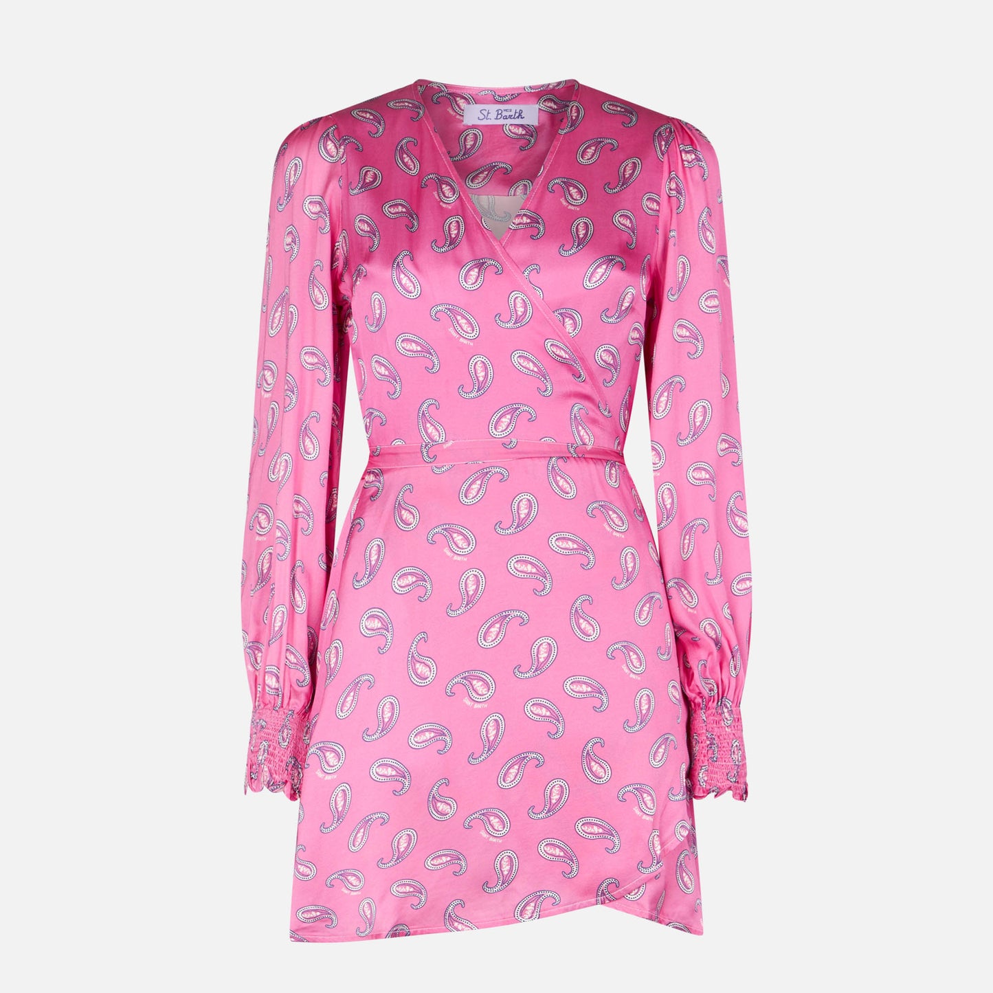 Satin wrap dress with paisley print
