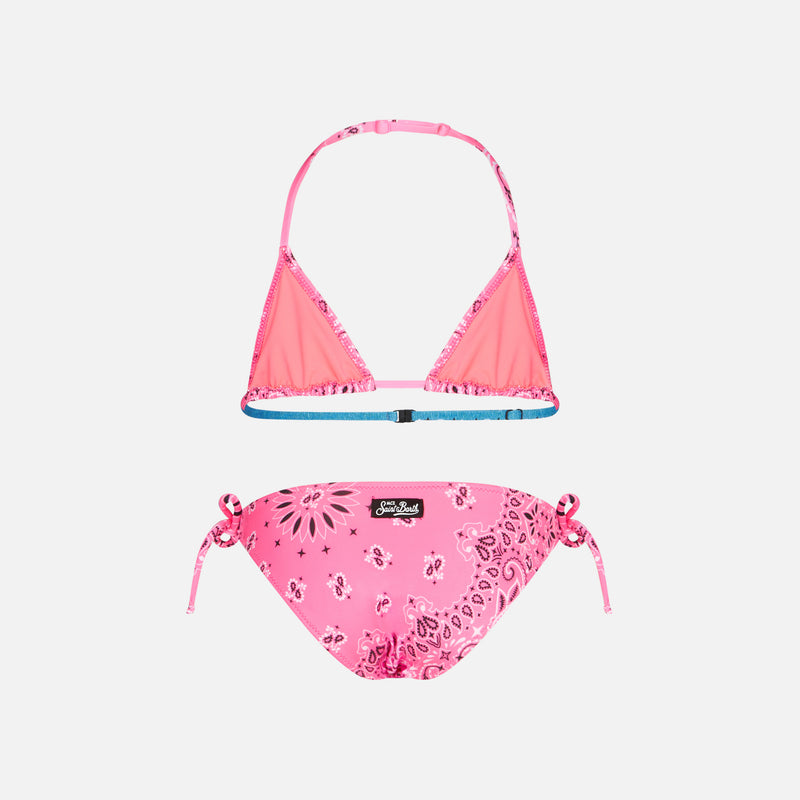 Girl triangle bikini with fluo pink bandanna print