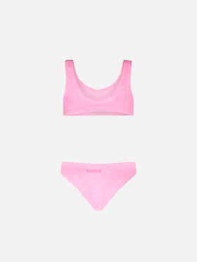 Rosafarbener Bralette-Bikini für Mädchen in Knitteroptik