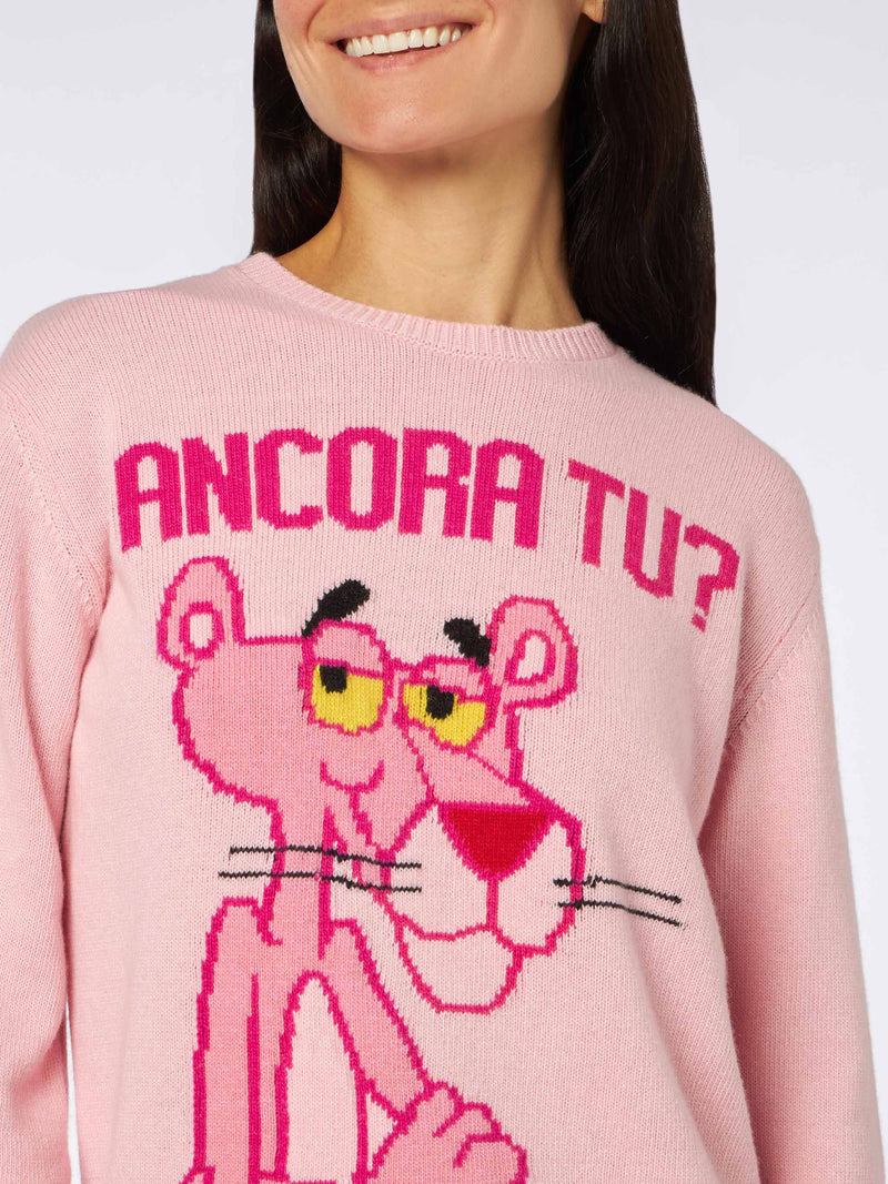 Woman crewneck pink sweater with Pink Panther Ancora Tu? Print | THE PINK PANTHER SPECIAL EDITION