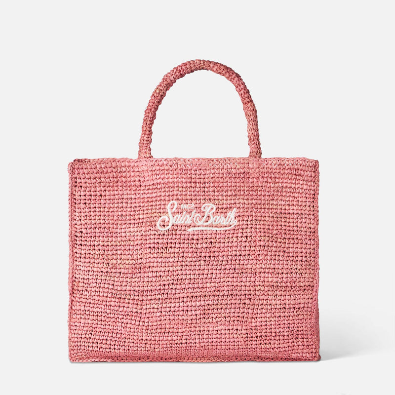 Borsa in rafia rosa Vanity con ricamo Saint Barth