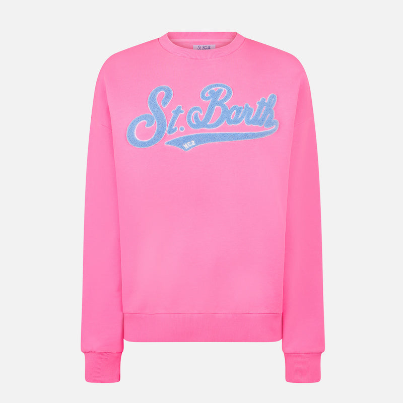 Woman fluo pink sweatshirt with St. Barth embroidery