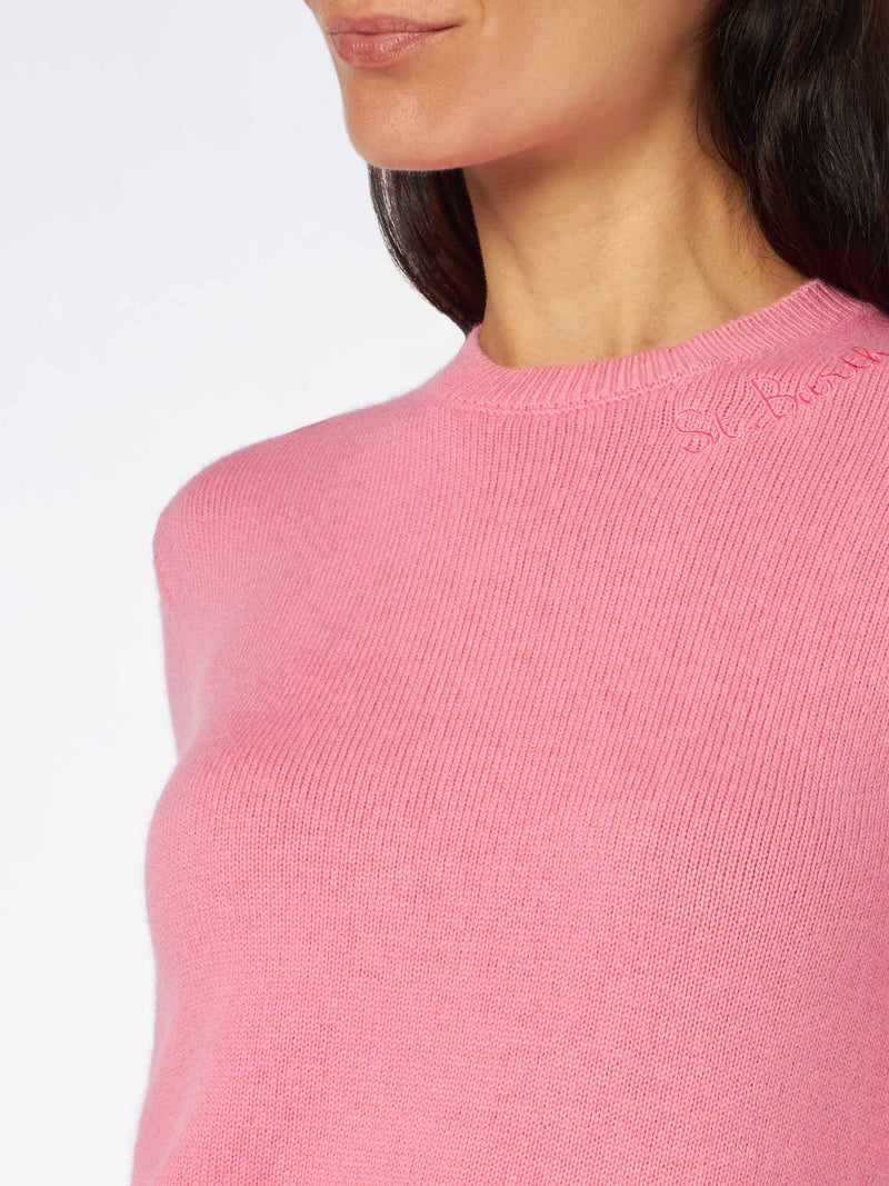 Maglia da donna girocollo rosa con ricamo St. Barth