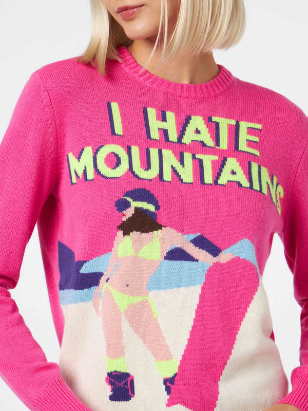 Damen-Rundhalspullover in Fluo-Rosa mit I-Hate-Mountains-Postkartendruck