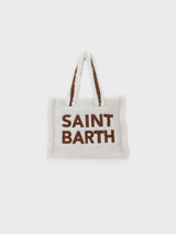 Weiße Soft Bag Small aus Teddyfell mit Saint Barth-Logo und Schultergurt