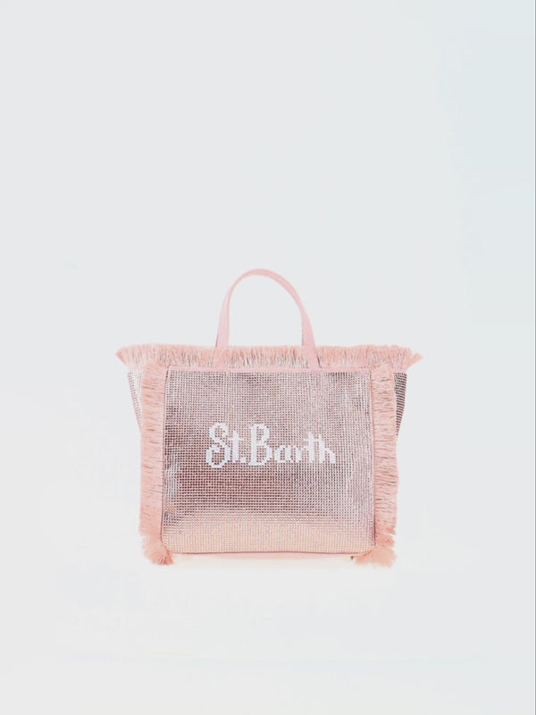 Mini Vanity fringed bag with rose gold rhinestones