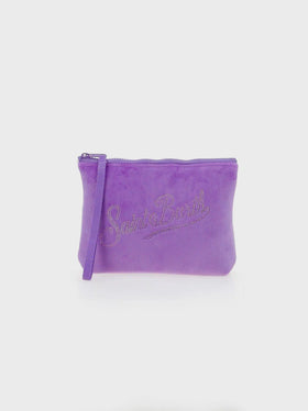 Aline lilac velvet pochette with Saint Barth rhinestone logo