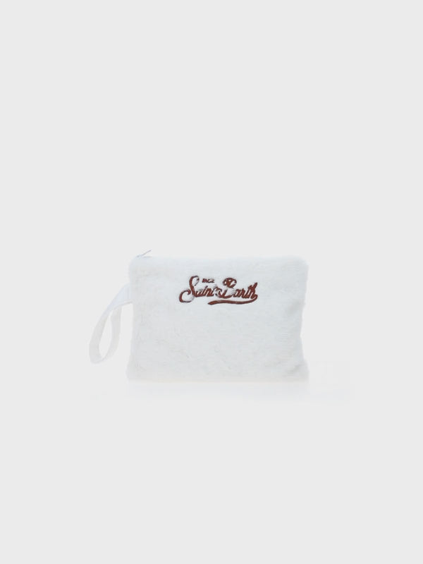 White furry pochette Pareasy with Saint Barth embroidery