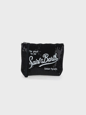 Aline black sequinned pochette with embroidered logo
