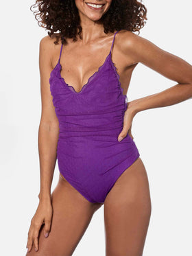 Purple one piece swimsuit Francoise with tulle