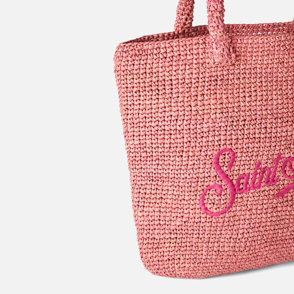 Borsa a secchiello in rafia rosa con ricami