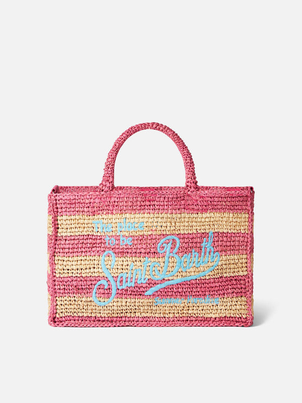 Colette raffia handbag with white and pink stripes