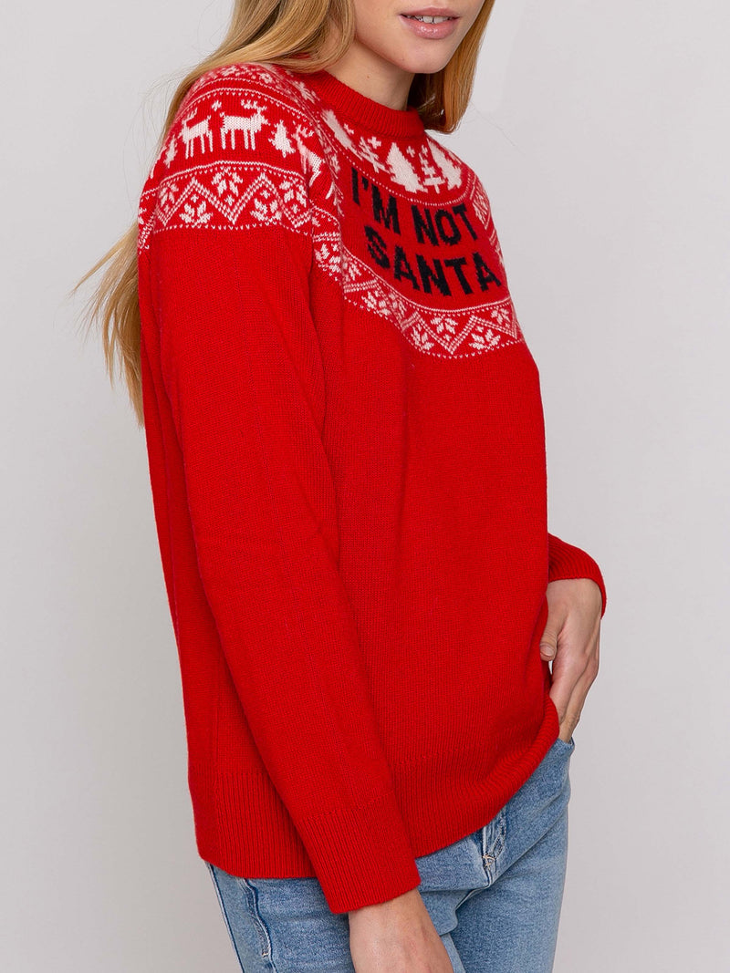 Roter Damenpullover mit Rundhalsausschnitt und „I'm not Santa“-Aufdruck