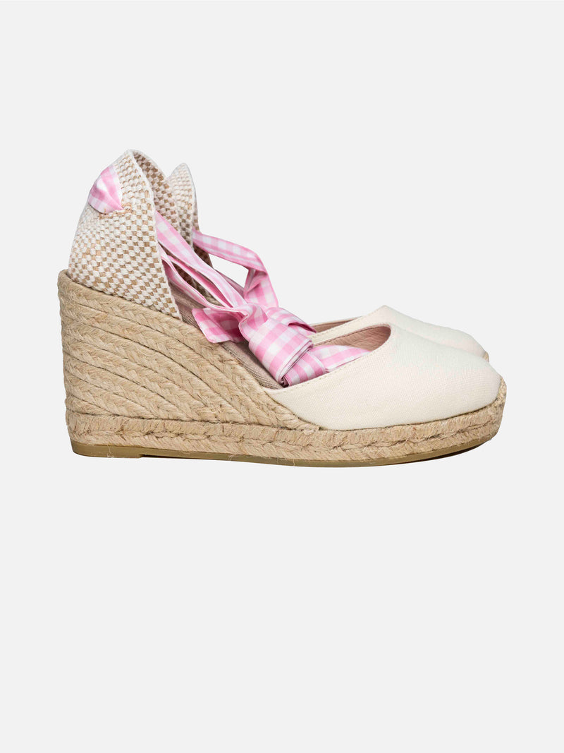 Espadrillas aus Canvas mit Naturdruck, hohem Keilabsatz und Knöchelspitze