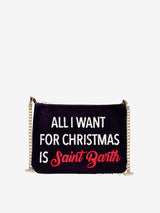 Parisienne-Umhängetasche Clutch aus Samt mit Motiv und der Stickerei „All I want for Christmas is Saint Barth“.