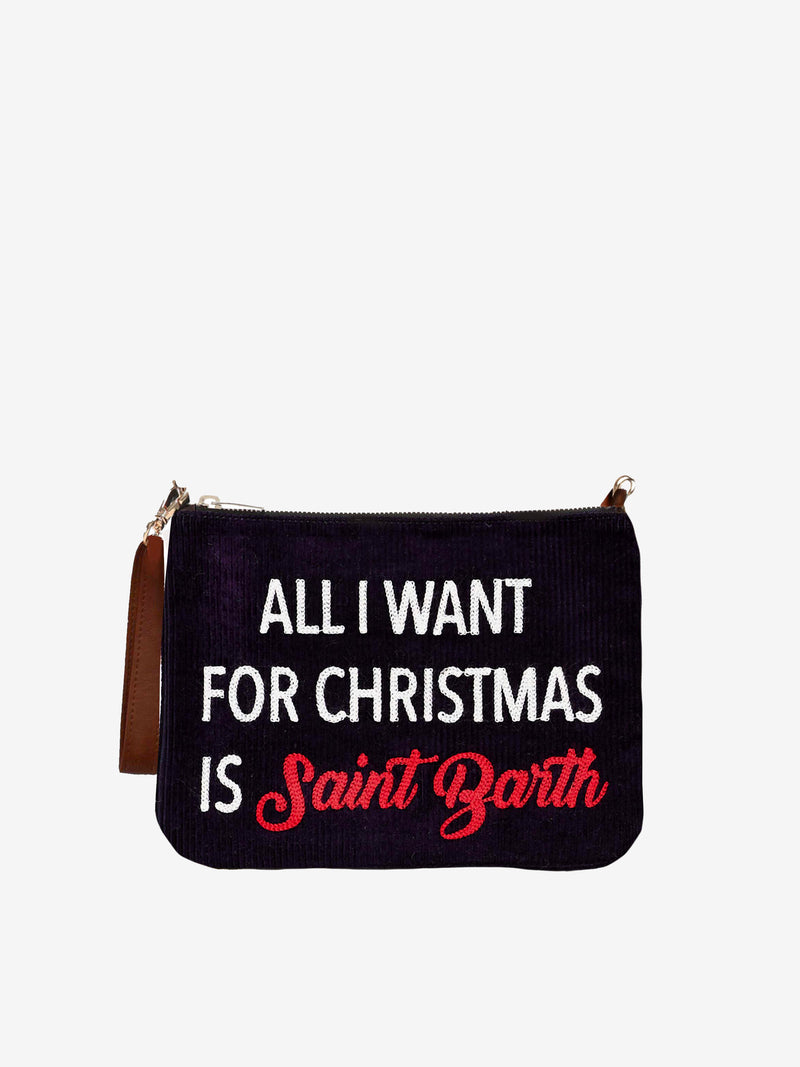 Pouch a tracolla Parisienne in velluto con ricamo All I want for Christmas is Saint Barth