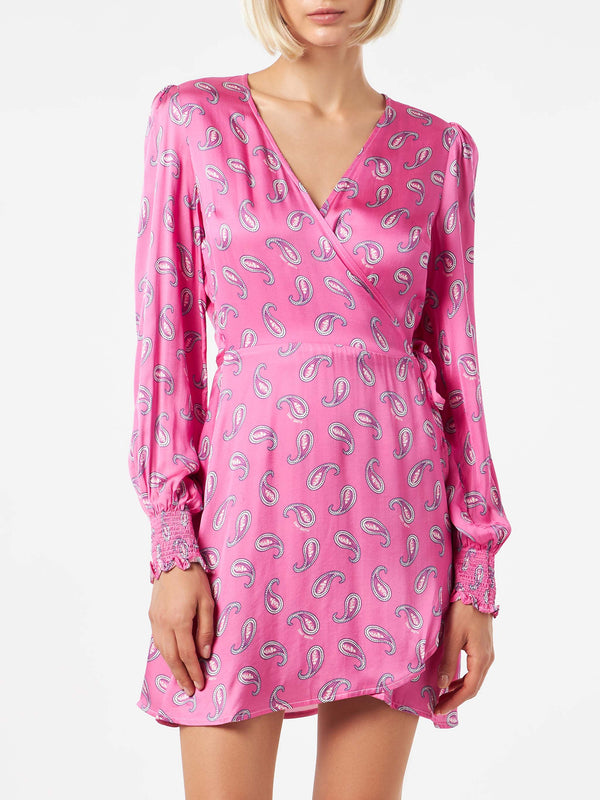 Satin wrap dress with paisley print