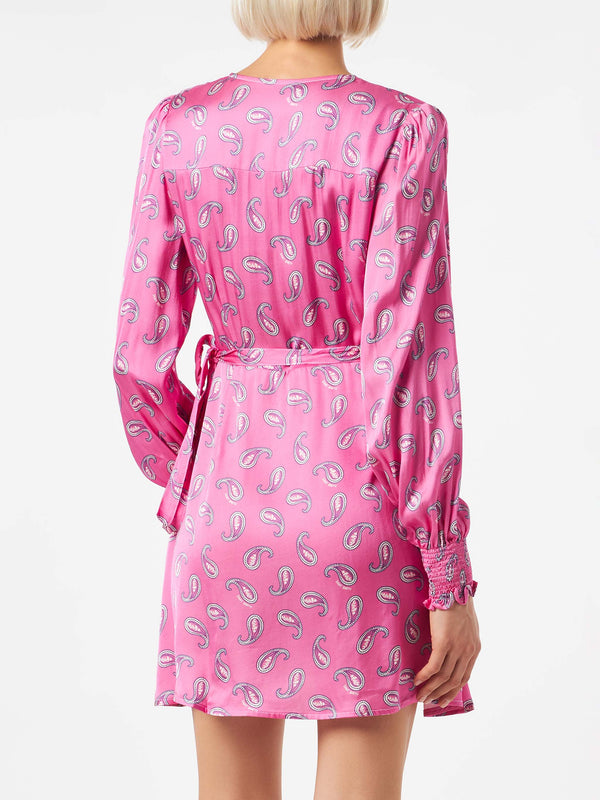 Satin wrap dress with paisley print