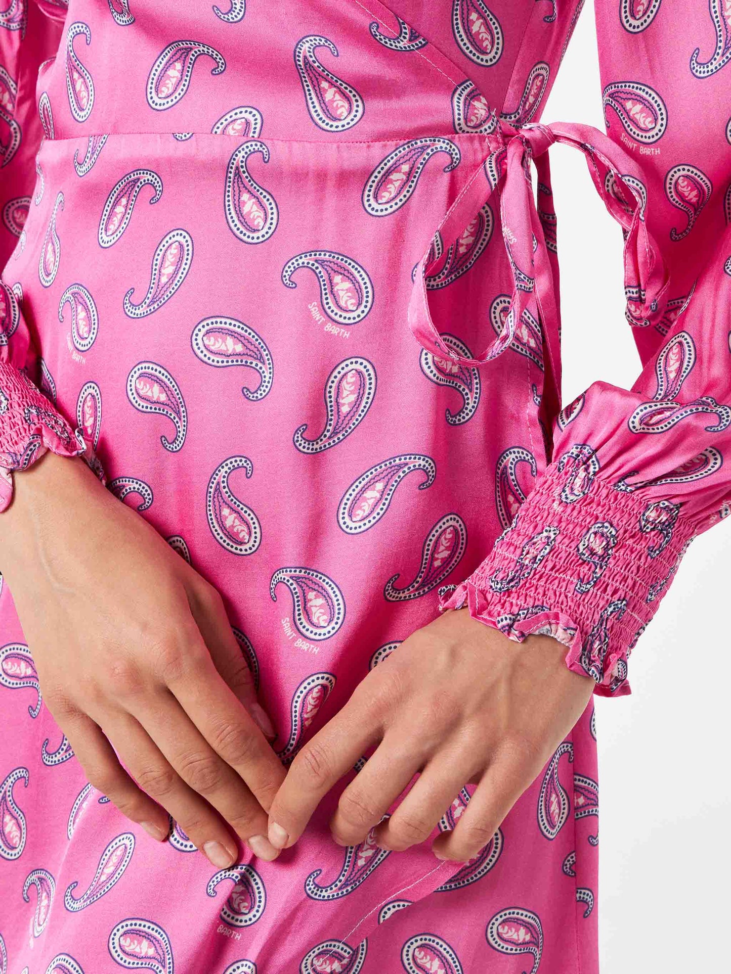 Satin wrap dress with paisley print