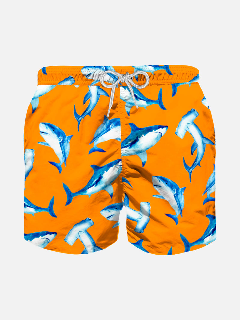 Boy light fabric swim shorts with sharks print