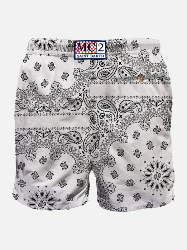 Man swim shorts with white bandanna print