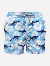 Sharks velvet print mid-length swim shorts