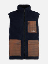 Man blue sherpa vest jacket with check patch pockets