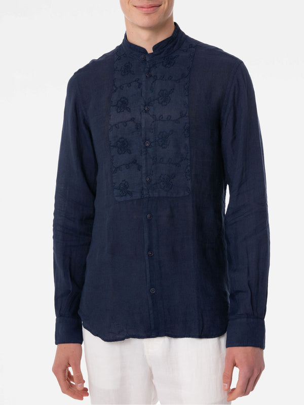 Man blue linen shirt with flower embroidery