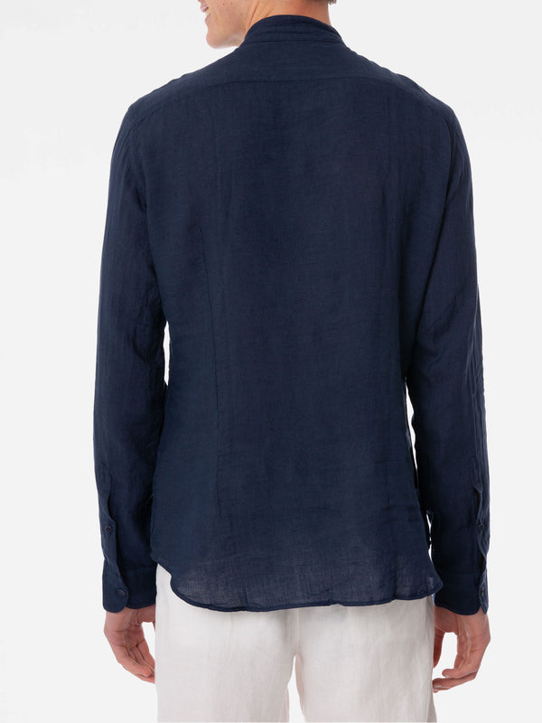 Man blue linen shirt with flower embroidery