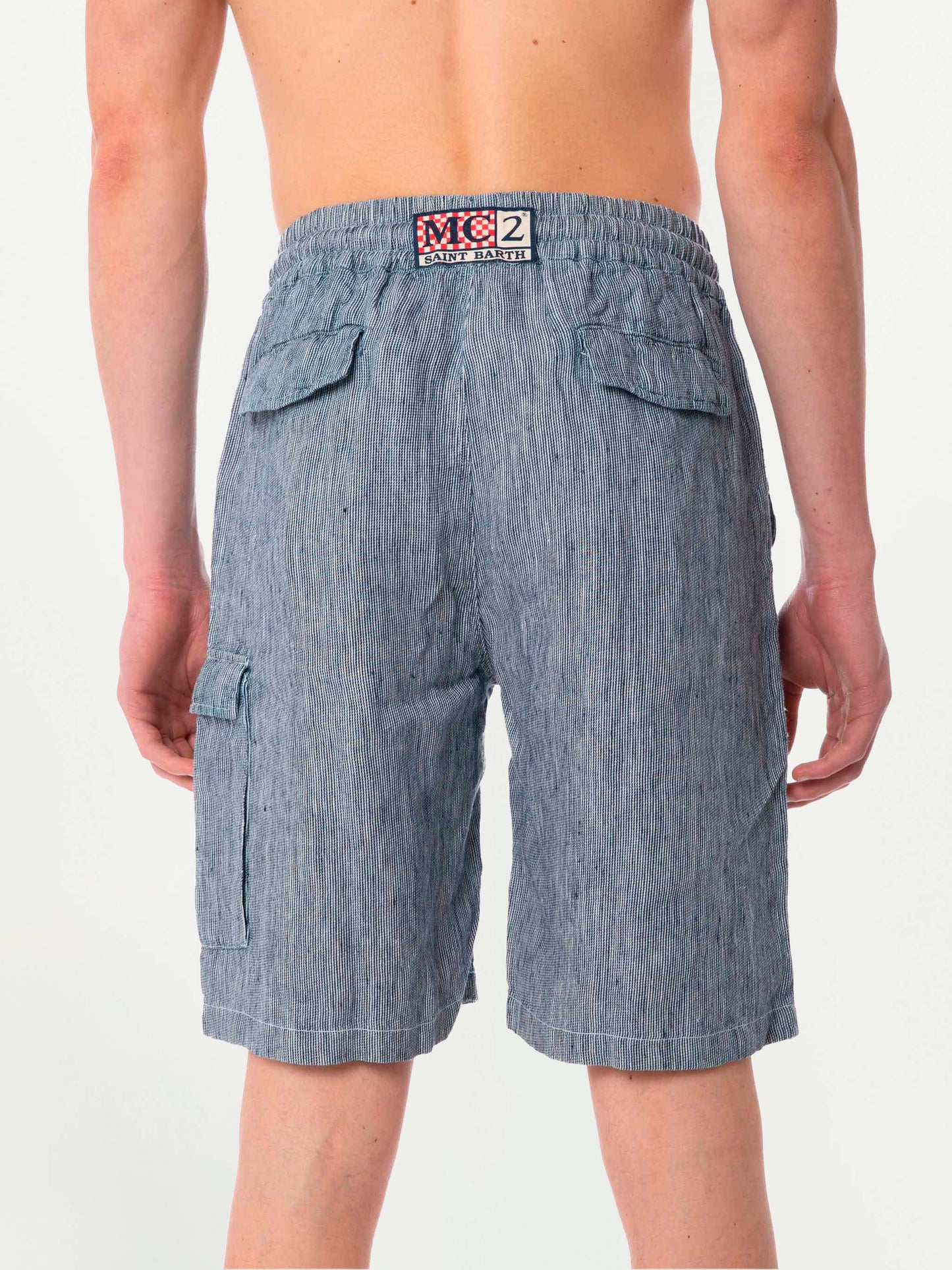 Gestreifte Denim-Bermudashorts aus Leinen