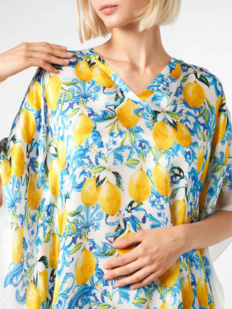 Seidenkaftan mit Zitronen- und Maiolika-Print