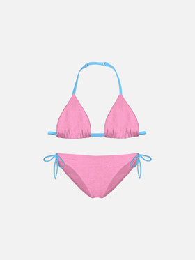Girl pink triangle bikini with piping