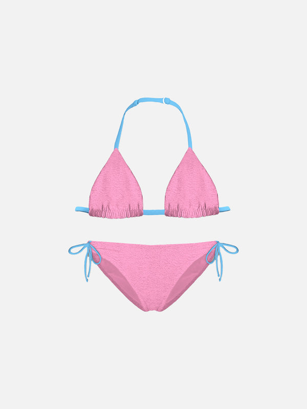 Girl pink triangle bikini with piping