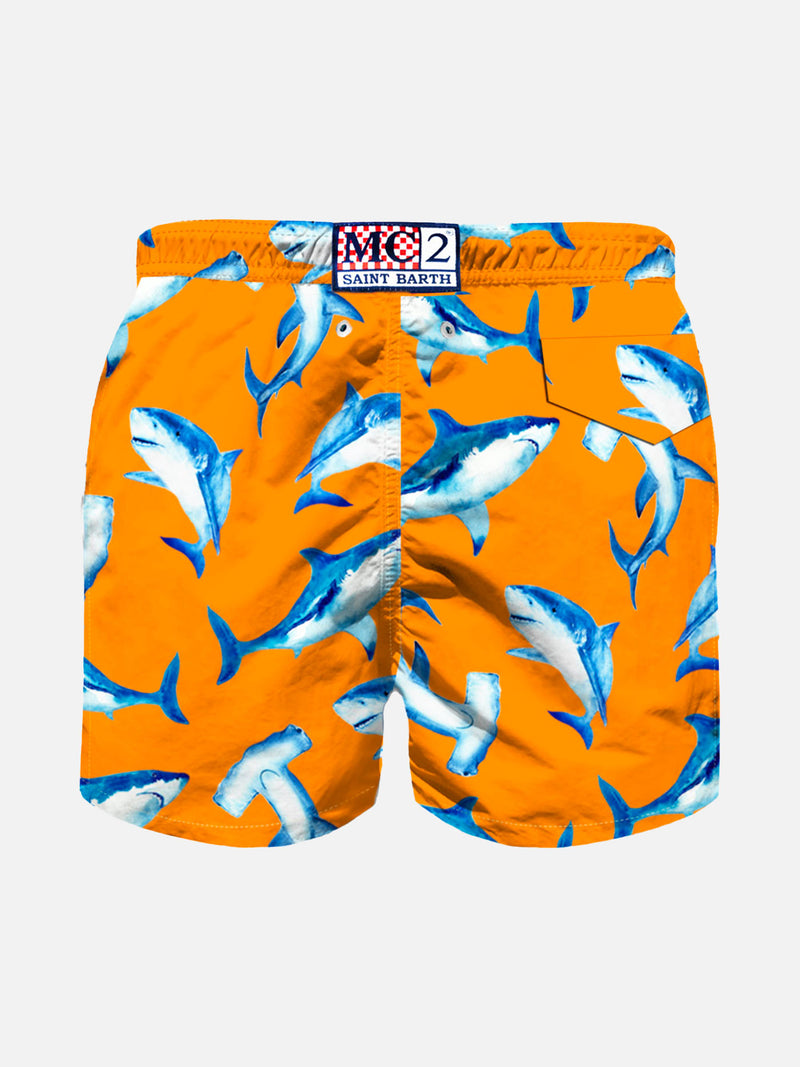 Boy light fabric swim shorts with sharks print