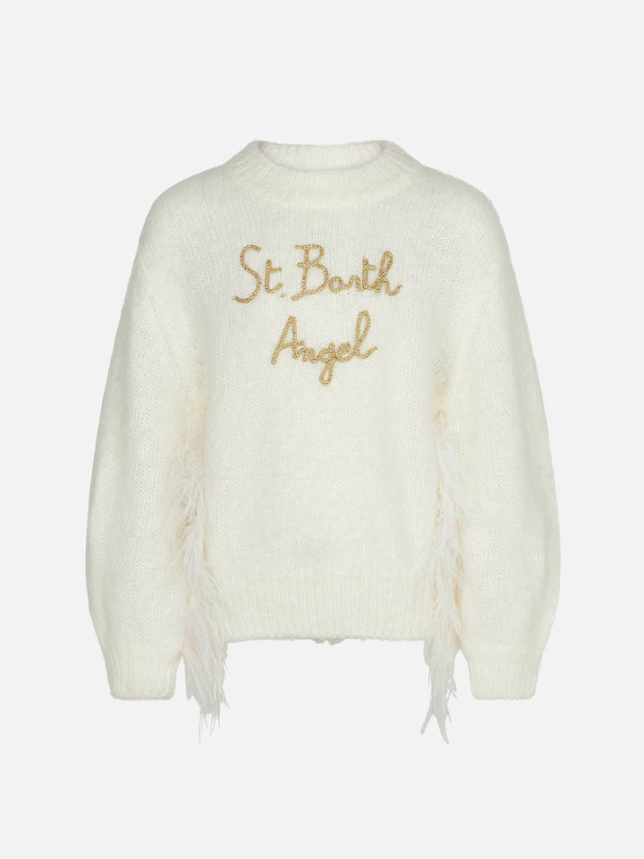 Maglione da bambina girocollo bianco garzato con ricamo