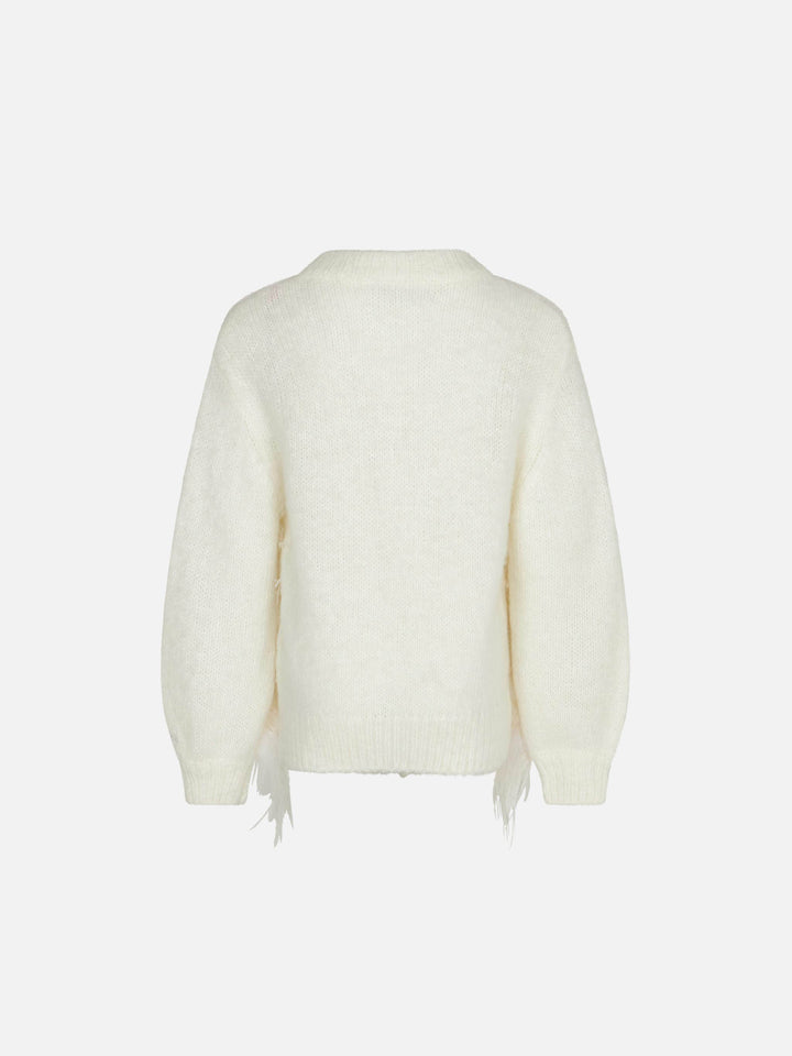 Maglione da bambina girocollo bianco garzato con ricamo