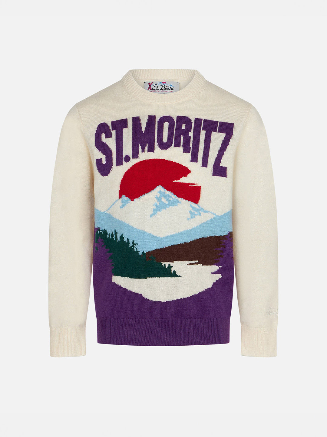 Maglione da bambina a girocollo con cartolina di St. Moritz